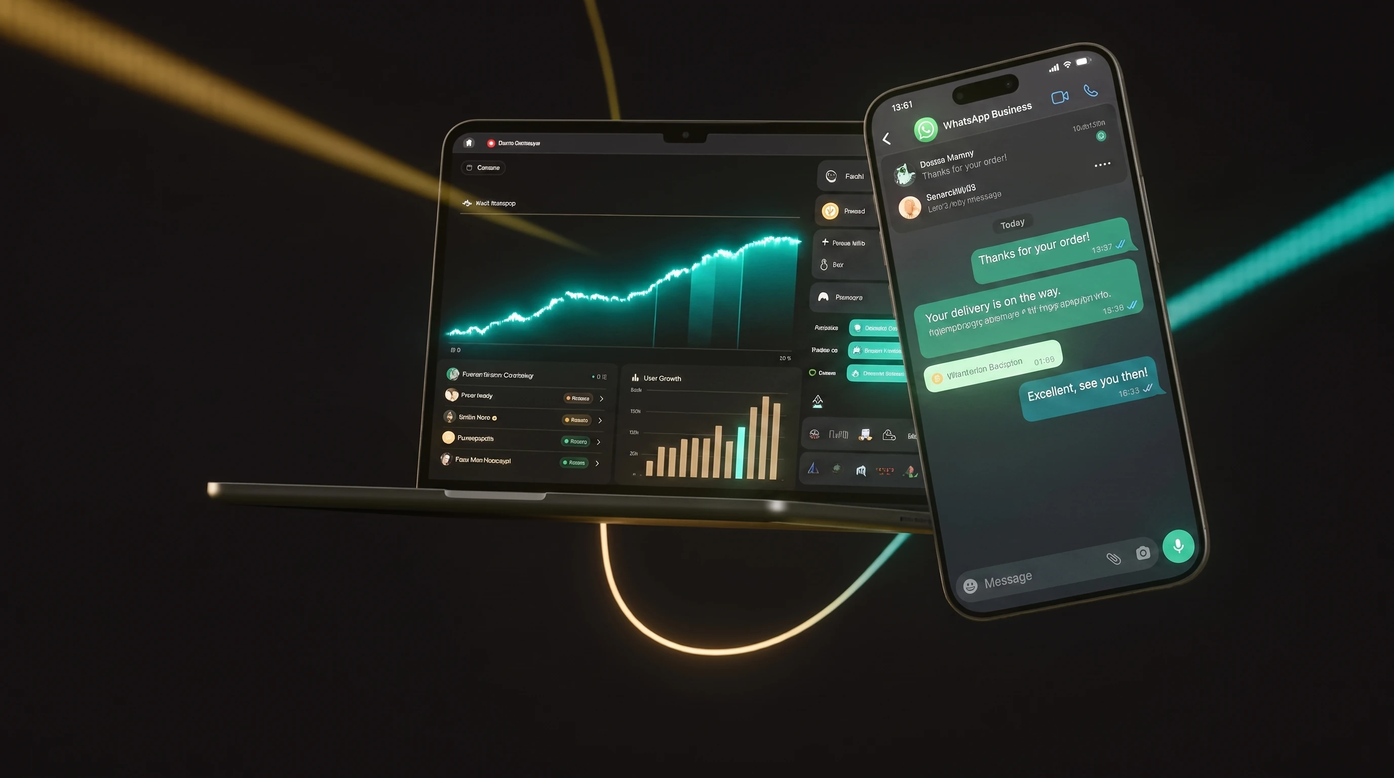 An AI genie automating a business owner's work — documents, charts and money flow